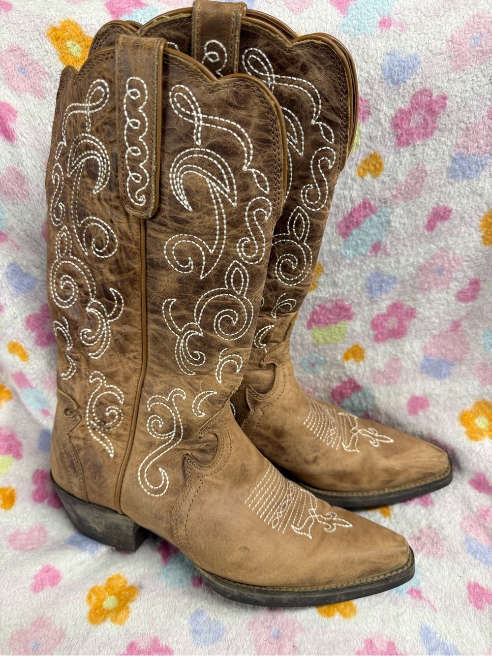 Justin Boots Brown Suede Embroidered Western Heeled Cowboy Boots